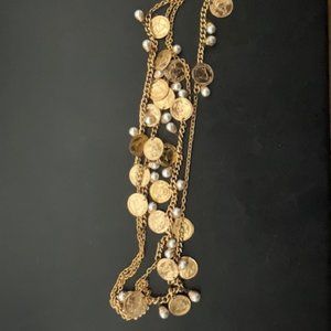 Vintage Gold tone necklace with hanging faux coins and pearls